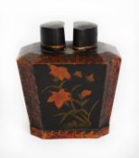 ORIENTAL BLACK LACQUERED PAPIER MACHE TEA CADDY, of tapering, twin lidded form, painted with