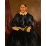 LATE VICTORIAN PAINTED-OVER PHOTOGRAPH PORTRAIT OF A LADY seated with a book on her lap, 22in x 17in