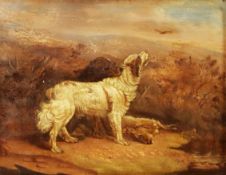 BRITISH SCHOOL (Nineteenth Century) OIL PAINTING ON METAL Two gun dogs and dead hare in an upland