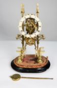 LATE NINETEENTH CENTURY BRASS SKELETON CLOCK, the 5” enamelled Roman chapter ring powered by a