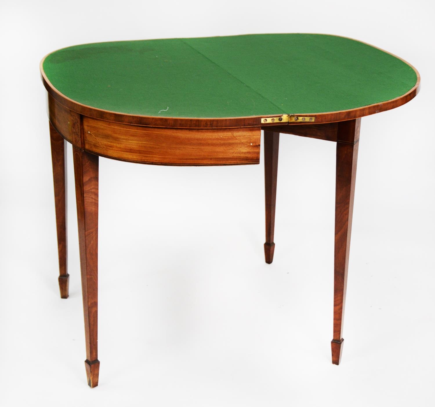 GEORGE III LINE INLAID AND FIGURED MAHOGANY CARD TABLE, the fold over D shaped top with central - Image 5 of 6