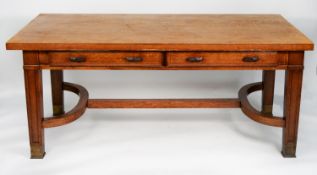 GLOBE WERNICKE OAK LIBRARY TABLE, the oblong top above a pair of chamfered frieze drawers, an raised