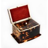 NINETEENTH CENTURY BOW FRONTED TORTOISESHELL TEA CADDY, with single lidded compartment to the