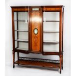 LATE VICTORIAN INLAID MAHOGANY AND SATINWOOD YOKE FRONTED DISPLAY CABINET, the Greek key moulded