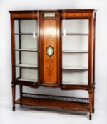 LATE VICTORIAN INLAID MAHOGANY AND SATINWOOD YOKE FRONTED DISPLAY CABINET, the Greek key moulded