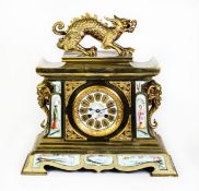 NINETEENTH CENTURY GILT BRONZE AND HAND PAINTED PORCELAIN MANTLE CLOCK IN THE ORIENTAL TASTE, the 5”