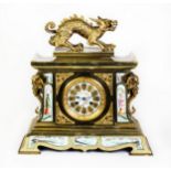 NINETEENTH CENTURY GILT BRONZE AND HAND PAINTED PORCELAIN MANTLE CLOCK IN THE ORIENTAL TASTE, the 5”