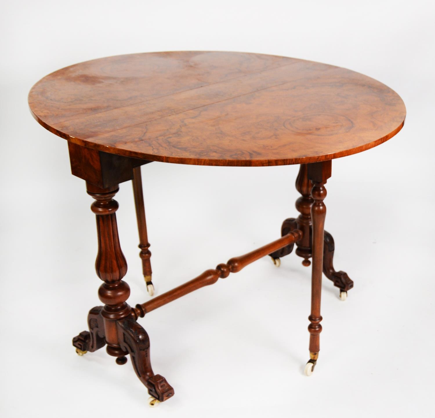 VICTORIAN CARVED AND BURR WALNUT SUTHERLAND TABLE, of typical form with demi lune drop leaves and - Image 3 of 6