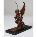 PAIR OF PATINATED BRONZE FIGURES OF WINGED PUTTO, each modelled playing a lyre and sat on a winged