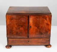 EARLY NINETEENTH CENTURY FIGURED MAHOGANY TABLE TOP SMALL COLLECTORS CABINET, the moulded oblong top