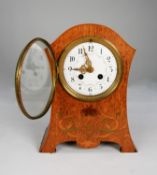 LATE NINETEENTH CENTURY INLAID OAK ART NOUVEAU MANTLE CLOCK, the 4 ¼” enamelled Arabic dial with