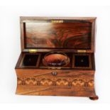 GOOD NINETEENTH CENTURY ROSEWOOD AND TUNBRIDGE WARE PORTABLE TEA CADDY, of waisted oblong form