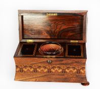 GOOD NINETEENTH CENTURY ROSEWOOD AND TUNBRIDGE WARE PORTABLE TEA CADDY, of waisted oblong form