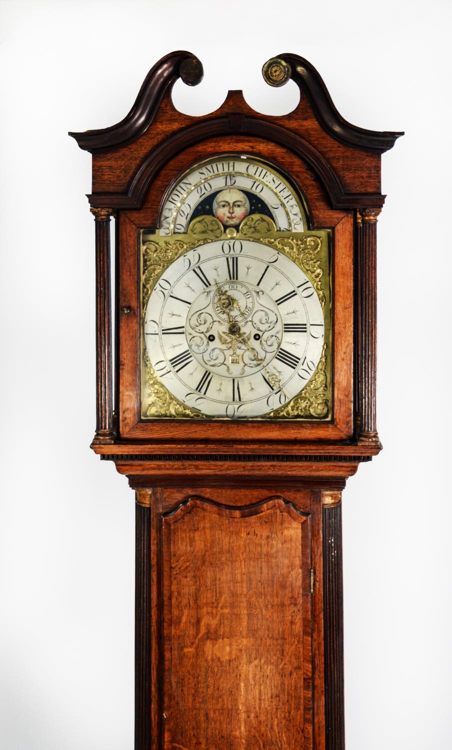 JOHN SMITH, CHESTER, EIGHTEENTH CENTURY MAHOGANY CROSSBANDED OAK LONGCASE CLOCK WITH ROLLING MOON