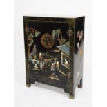 TWENTIETH CENTURY ORIENTAL BLACK LACQUERED AND HARDSTONE AND BONE INLAID CHEST, the oblong top above