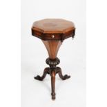 LATE VICTORIAN ROSEWOOD SEWING TABLE, the hinged and moulded oblong top enclosing a fitted