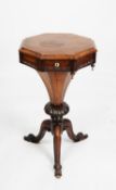 LATE VICTORIAN ROSEWOOD SEWING TABLE, the hinged and moulded oblong top enclosing a fitted