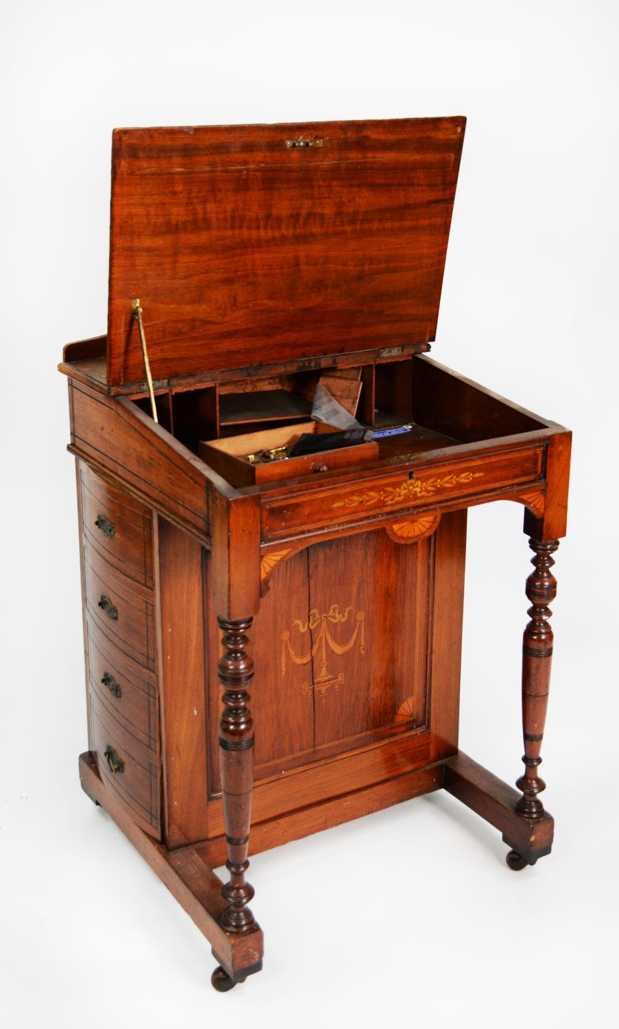 LATE NINETEENTH CENTURY INLAID WALNUT DAVENPORT DESK, with pen tray and cut outs for a pair of - Image 5 of 6