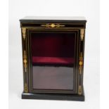 VICTORIAN INLAID AND GILT METAL MOUNTED EBONISED SIDE CABINET, the oblong top above a glazed