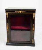 VICTORIAN INLAID AND GILT METAL MOUNTED EBONISED SIDE CABINET, the oblong top above a glazed
