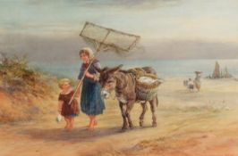 JAMES DRUMMOND R S A (1816-1877) WATERCOLOUR Coastal scene with a fisherwoman and child, a donkey at