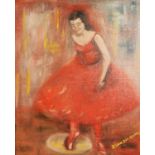 SERGE VAN DER CAM OIL ON BOARD Ballet dancer in red dress Signed 19in x 16in (48.2 x 40.6cm)