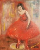 SERGE VAN DER CAM OIL ON BOARD Ballet dancer in red dress Signed 19in x 16in (48.2 x 40.6cm)