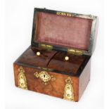 VICTORIAN FIGURED WALNUT AND BRASS BOUND DOME TOP TEA CADDY, the interior with conforming, pair of