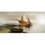 BERTRANE (Twentieth Century) OIL PAINTING ON CANVAS Coastal scene with beached sailing craft, a