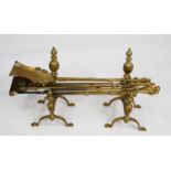 NINETEENTH CENTURY THREE PIECE BRASS FIRESIDE COMPANION SET, together with ANOTHER SET OF THREE, the