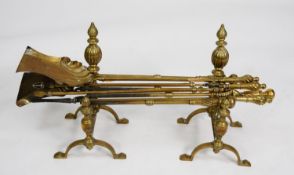 NINETEENTH CENTURY THREE PIECE BRASS FIRESIDE COMPANION SET, together with ANOTHER SET OF THREE, the
