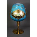 LARGE MURANO PALE BLUE GLASS AND GILT GOBLET PATTERN VASE, decorated with flowers, 15” (38.1cm) high