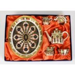 BOXED MODERN ROYAL CROWN DERBY 1128 PATTERN CHINA MINIATURE SIX PIECE TEA FOR ONE SET WITH TRAY,