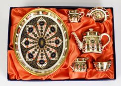 BOXED MODERN ROYAL CROWN DERBY 1128 PATTERN CHINA MINIATURE SIX PIECE TEA FOR ONE SET WITH TRAY,