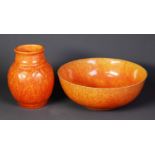 TWO PIECES OF PILKINGTONS ROYAL LANCASTRIAN ORANGE VERMILLION GLAZED POTTERY, comprising: MOULDED