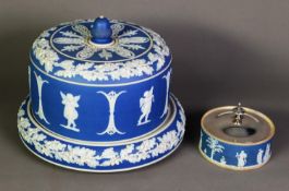 LATE VICTORIAN WEDGWOOD STYLE BLUE JASPERWARE CHEESE DISH sprigged in white with anthemion,