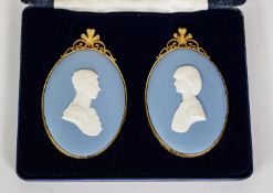 CASED PAIR OF WEDGWOOD BLUE JASPERWARE LIMITED EDITION CHARLES AND DIANA ROYAL COMMEMORATIVE