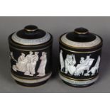 PAIR OF PRATT ‘OLD GREEK’ PATTERN POTTERY TEA CADDIES AND COVERS, SUPPLIED BY RICHIE & Co, STOKE