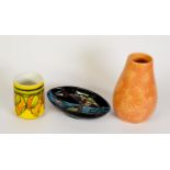 POOLE POTTERY DELPHIS PATTERN CYLINDRICAL VASE, decorated with green and red runnings on a yellow