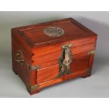 MODERN ORIENTAL BRASS MOUNTED HARDWOOD JEWELLERY BOX, of through dovetail construction with lift