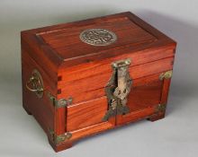 MODERN ORIENTAL BRASS MOUNTED HARDWOOD JEWELLERY BOX, of through dovetail construction with lift