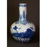 MODERN CHINESE BLUE AND WHITE PORCELAIN VASE, of bottle form, painted with birds and winged