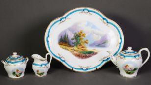 LATE NINETEENTH CENTURY THREE PIECE SEVRES STYLE CONTINENTAL PORCELAIN BACHELOR’S TEA SET AND