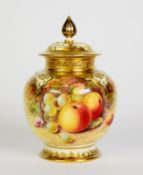ROYAL WORCESTER FRUIT PAINTED CHINA VASE AND COVER BY JOHN REED, circa 1970, of lobated, footed form