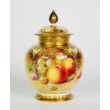 ROYAL WORCESTER FRUIT PAINTED CHINA VASE AND COVER BY JOHN REED, circa 1970, of lobated, footed form