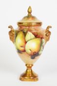 HAND PAINTED COALPORT CHINA PEDESTAL VASE AND COVER BY MALCOLM HARNETT, of ovoid form with gilt