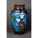EARLY TWENTIETH CENTURY JAPANESE CLOISONNÉ VASE, of ovoid form with short, cylindrical neck,