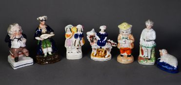 FIVE NINETEENTH CENTURY STAFFORDSHIRE POTTERY SMALL FIGURES OR GROUPS, comprising: SUGAR CASTOR,