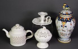 THREE 20th CENTURY PIECES OF LEEDS WARE CREAM GLAZED POTTERY; a French Rouen style FAYENCE COVERED