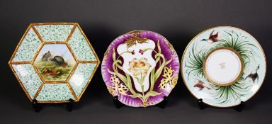LATE 19th CENTURY BODLEY CHINA HEXAGONAL CABINET PLATE painted to the centre wiht turkeys in a